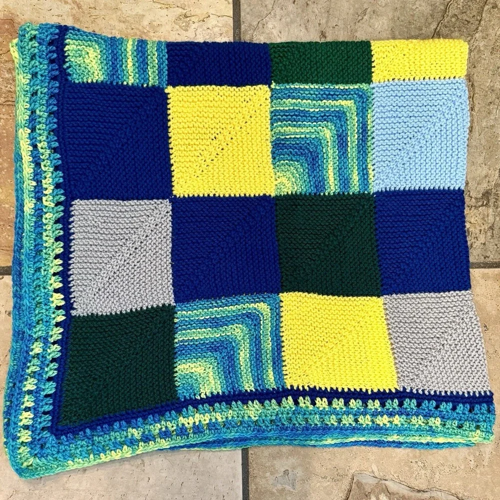 2pc Pair VTG Handmade Multicolor Geometric Crochet Afghan Throw Blanket 54x48